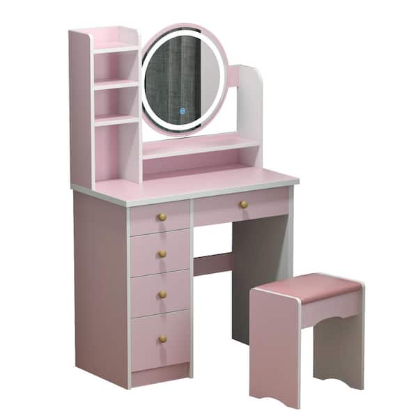 Fufu Gaga 5 Drawers Pink Wood Makeup, Bedroom Vanity Mirror With Storage