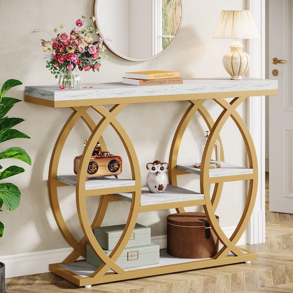 BYBLIGHT Turrella 39.4 in. White Rectangle Wood Console Table with Metal Frame, Industrial 4-Tier Sofa Table Entryway Table