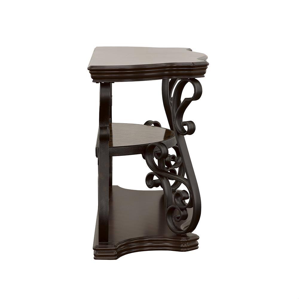 Transitional Black Demilune Sofa Table with Glass Top and Ornate Metal Scrollwork