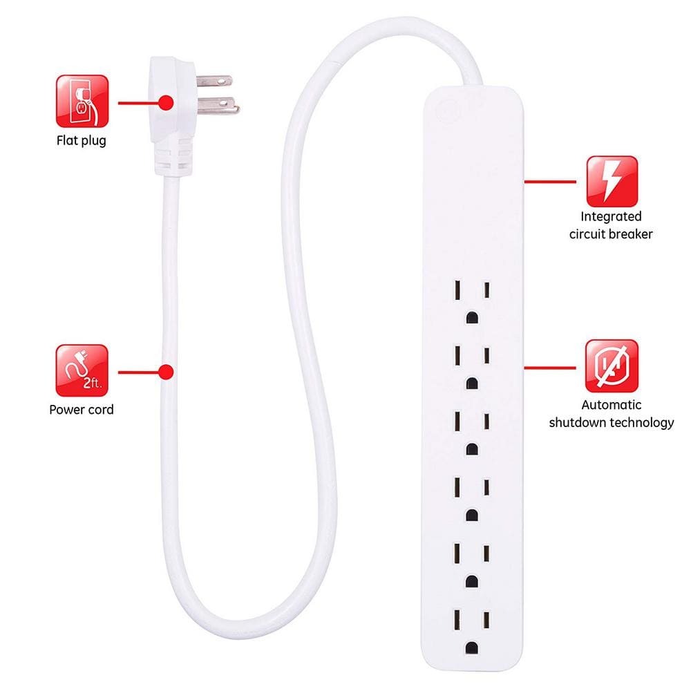 White 6-Outlet Power Strip with Surge Protection and 2ft Cord