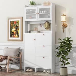 White Hall Tree with 3-Metal Hooks, 3-Flip Shoe Racks, Tempered Glass Doors, Cabinet with Adjustable Shelves