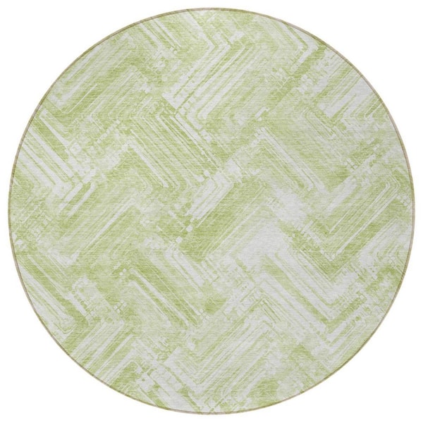 Green, Ivory 8 ft. Round Woven Geometric Polyester Round Indoor/Outdoor Area Rug