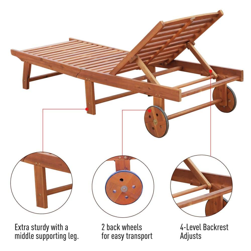 Teak Acacia Wood Outdoor Folding Chaise Lounge with Wheels