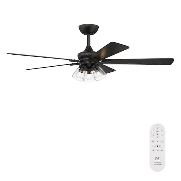 Charney 52 in. Indoor Matte Black Traditional Ceiling Fan with (3) 3000K LED Bulbs, Clear Shades, Remote Included