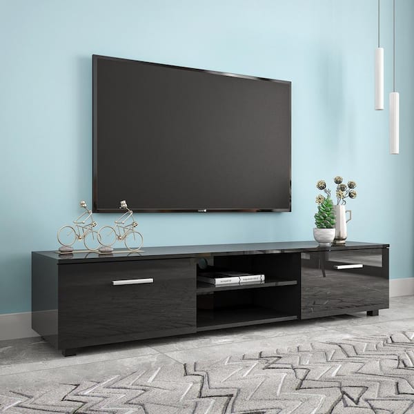 63 in. Black TV Stand Fits TV's up to 70 in. with 2-Storage Cabinet and Open Shelves