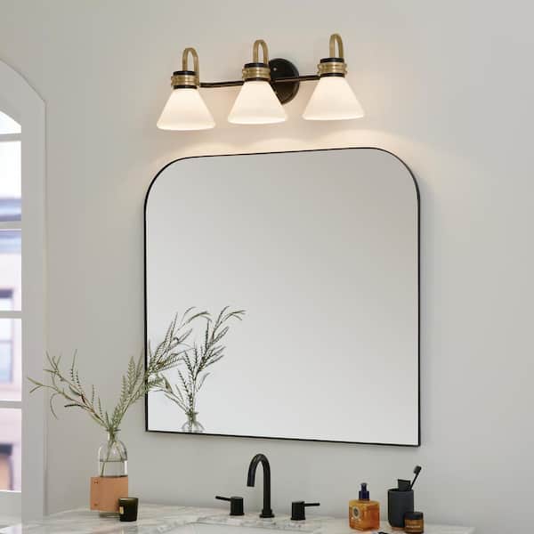 Farum 26 in. 3-Light Black with Champagne Bronze Modern Bathroom Vanity Light with Opal Glass Shades