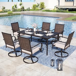 Black 7-Piece Metal Patio Outdoor Dining Set with Rectangle Table and Rattan Swivel Chairs with Beige Cushion
