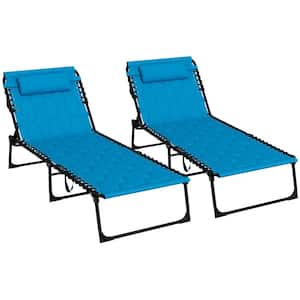 Folding Sky-Blue Oxford Fabric Outdoor Tanning Chair with Padded Seat, Side Pocket and Headrest