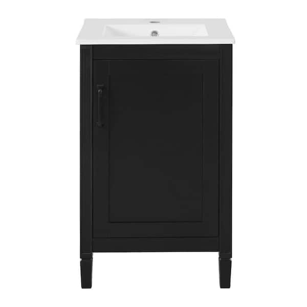 20 in. Single Sink Freestanding Black Bath Vanity with White Ceramic Top, U-Shaped Shelf, Door Racks, Soft Close Door
