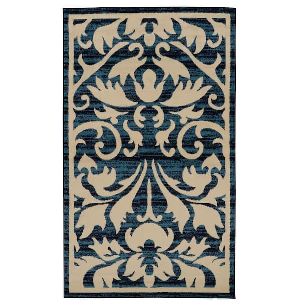 Kobe Damask Blue and Bone 4 ft. 4 in. x 7 ft. 3 in. Area Rug