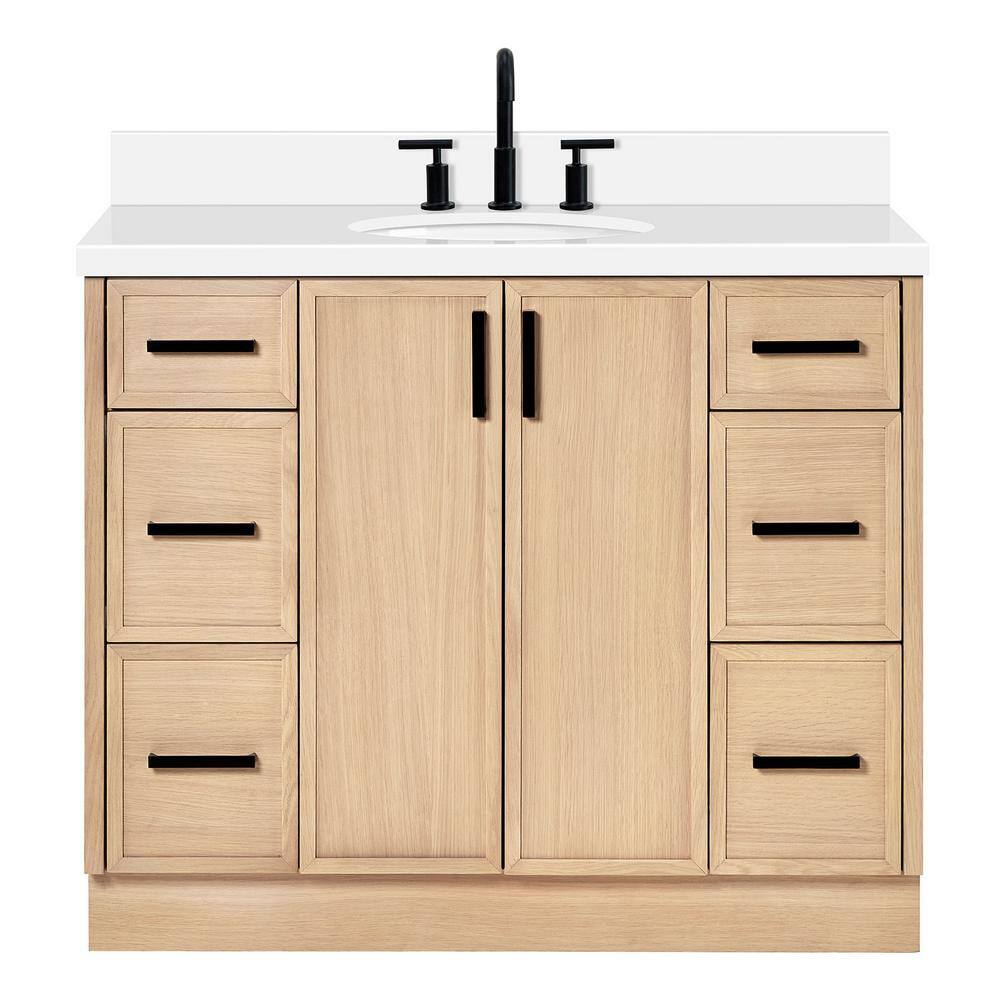 Oak Single Sink Bathroom Vanity with Pure White Quartz Top