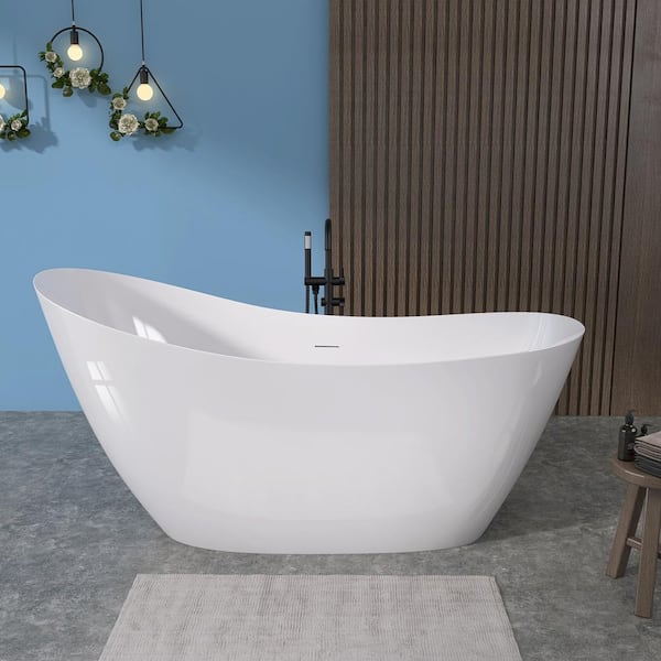 NTQ 65 in. x 29.5 in. Soaking Bathtub Acrylic Single Slipper Stand Alone Tubs Oval Free Standing Tub Freestanding in White