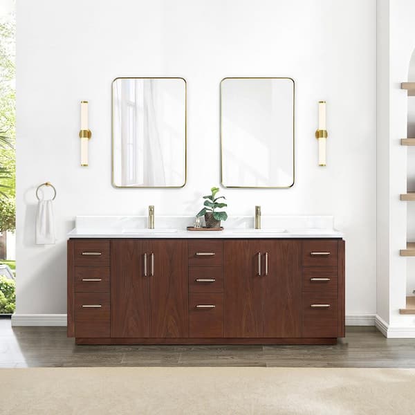 San 84 in.W x 22 in.D x 33.8 in.H Double Sink Bath Vanity in Natural Walnut with White Composite Stone Top and Mirror