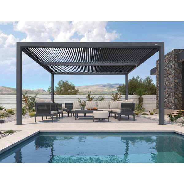 PURPLE LEAF 11 ft. x 14 ft. Gray Louvered Pergola Outdoor Aluminum ...