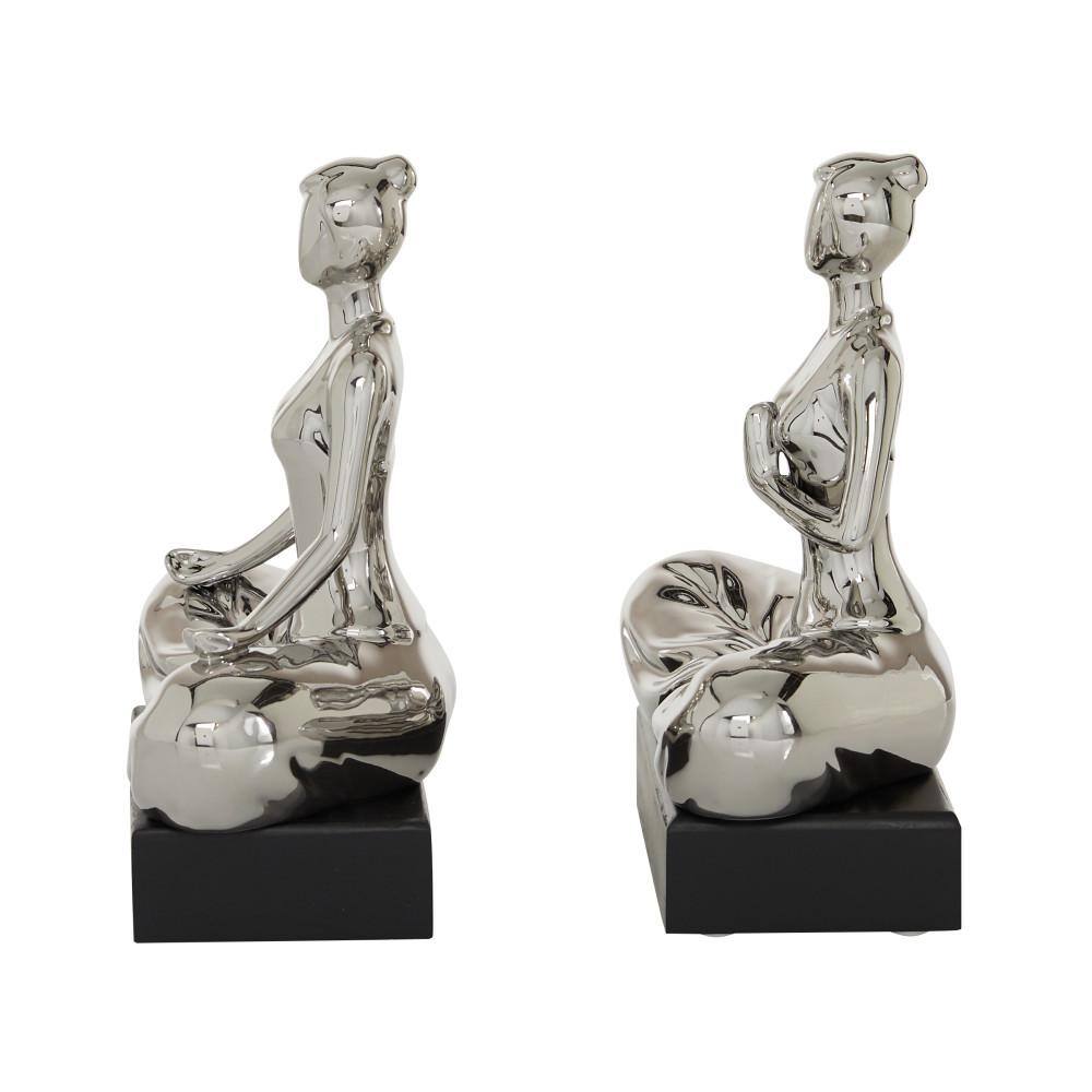 Silver Porcelain Yoga Statue Set with Black Base