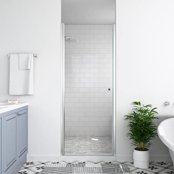 34 in. W x 72 in. H Space Saving Pivot Semi-Frameless Swing Shower Door in Chrome Finish in 1/4 in. Clear Tempered Glass