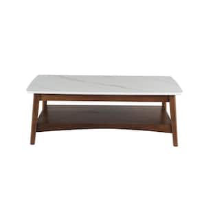 Valerie 24.02 in. White/Walnut Rectangle Stone Coffee Table with Shelves