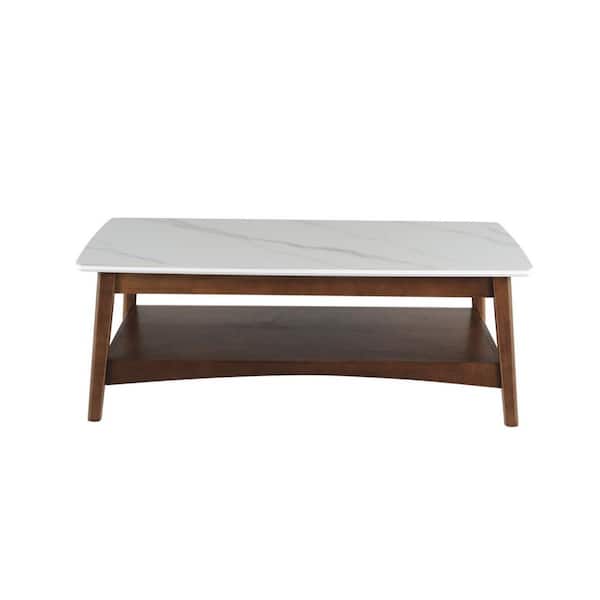 HomeRoots Valerie 24.02 in. White/Walnut Rectangle Stone Coffee Table with Shelves