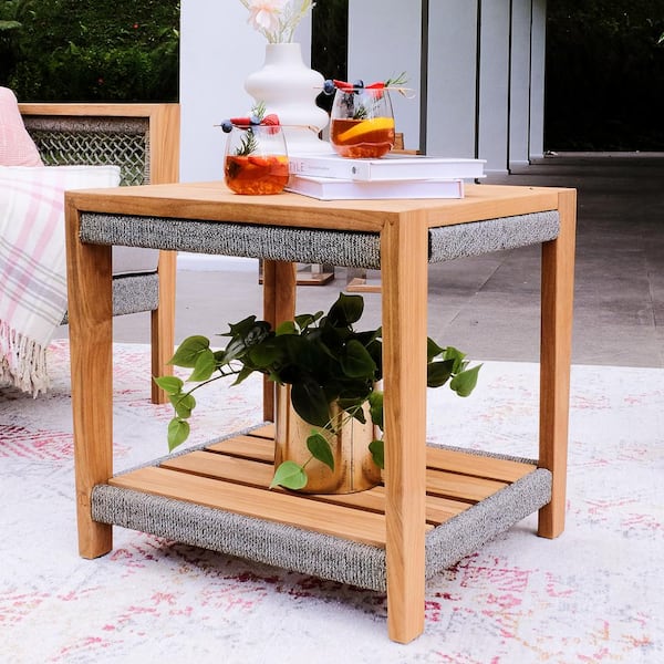 Cambridge Casual Nassau Teak Wood Patio Side Table with Shelf