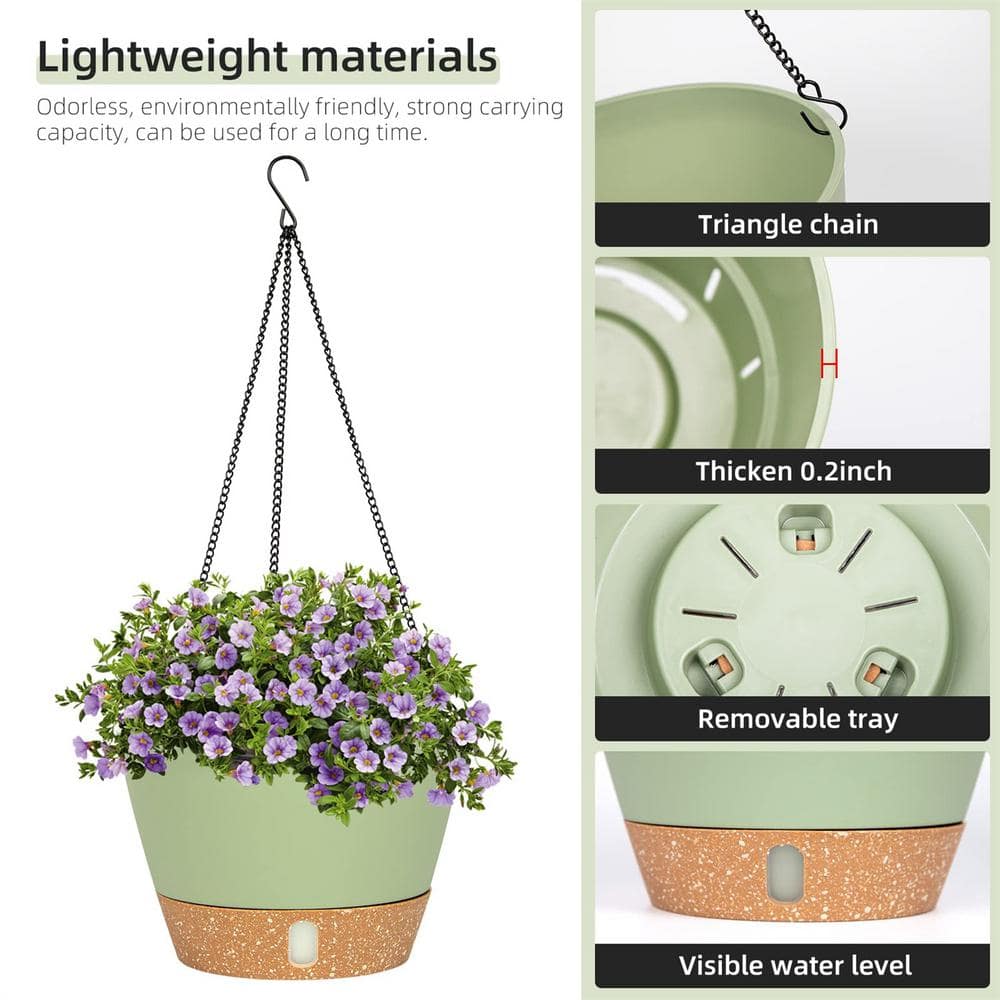 8-inch Green Plastic Hanging Planter with Self-Watering Reservoir, 2-Pack