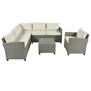 Wicker Outdoor Sectional Set with Beige Cushions