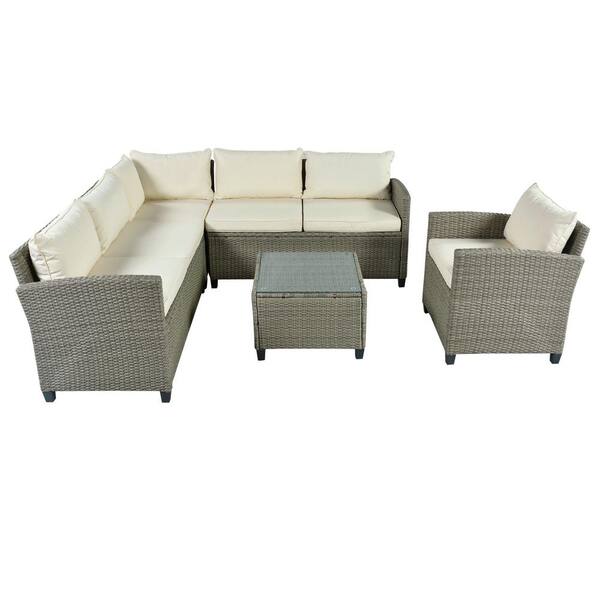 Unbranded Wicker Outdoor Sectional Set with Beige Cushions