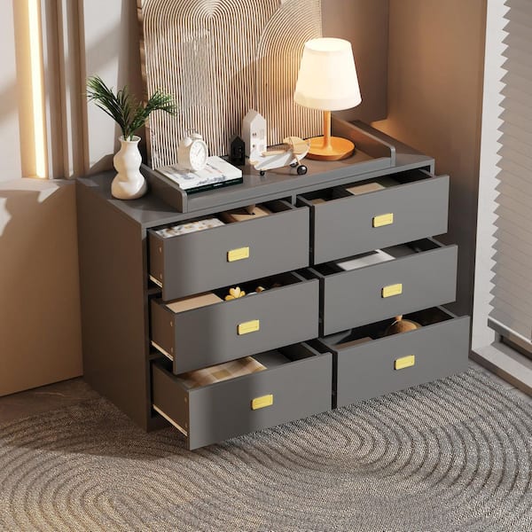 Gray 6-Drawer Changing Table with Safety Topper and Gold Pulls for Nursery Storage
