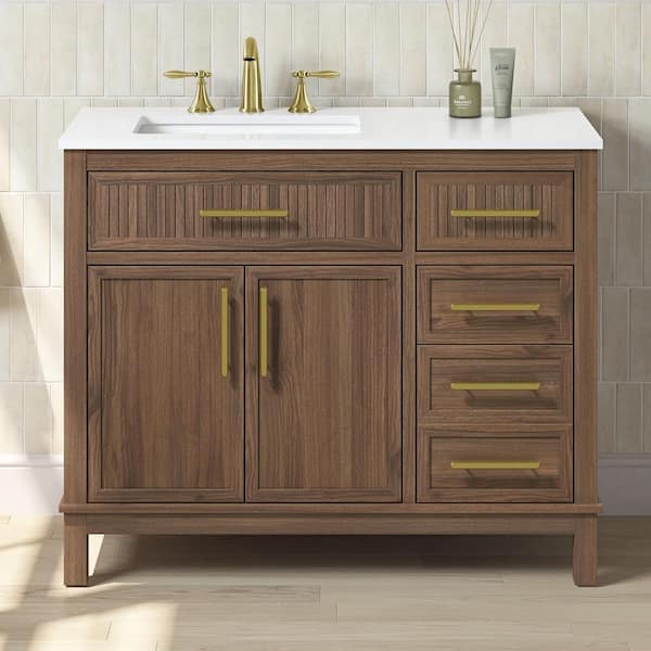 Riley 42 in. Single Sink Spiced Walnut Bath Vanity with White Engineered Stone Top (Assembled)