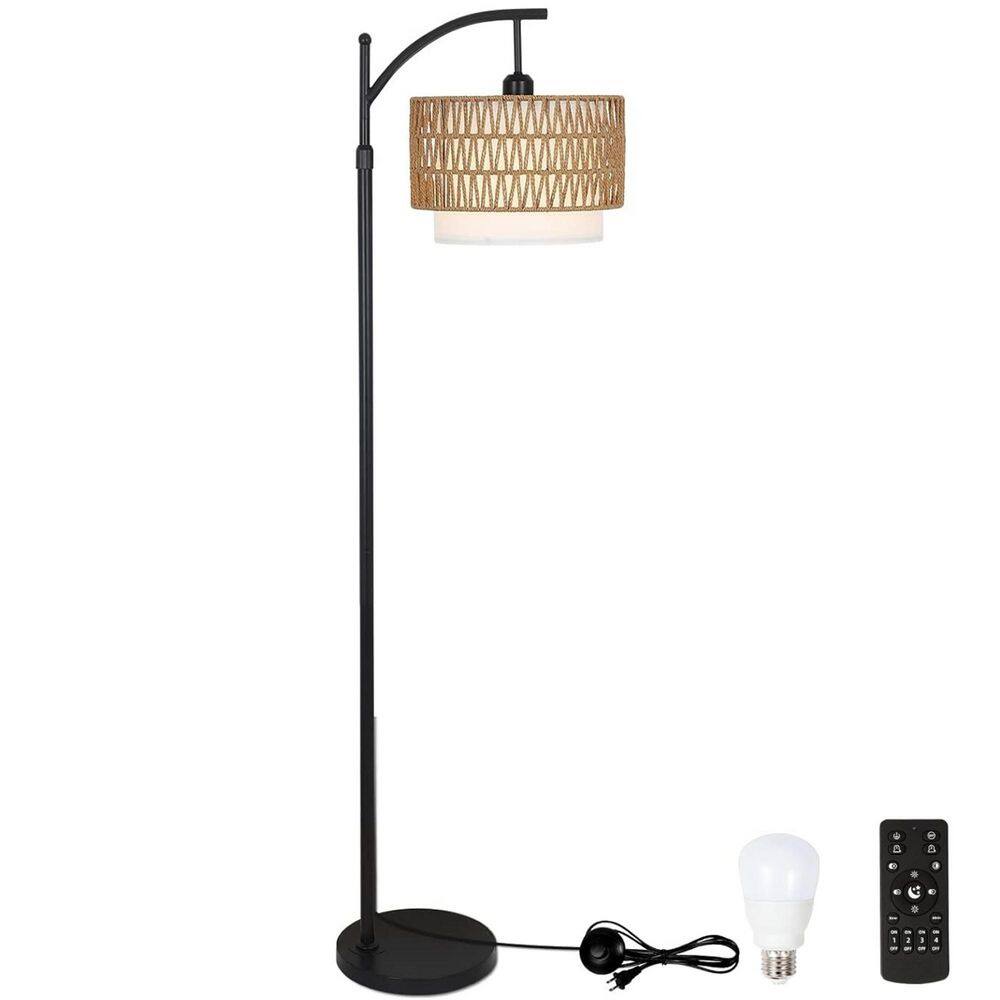 Modern 72.8 in. Black Boho 1-Light Smart Dimmable Arc Floor Lamp for Living Room with Rattan and Fabric Shade price history on PriceWatchPro