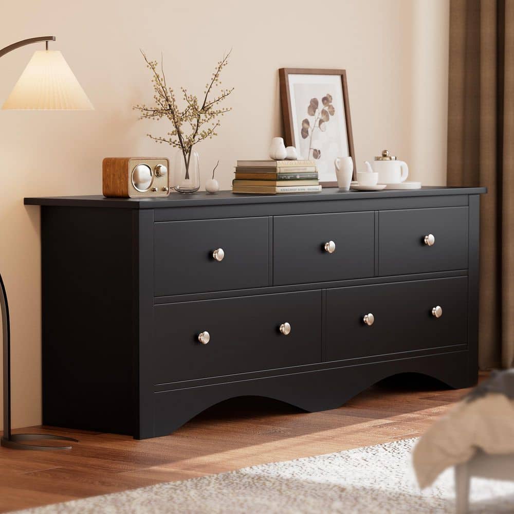 LACOO Creaser 52 in. Black MDF Dresser for Bedroom, Wide Chest of
