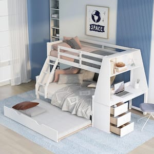 White Twin over Full Wood Bunk Bed with Built-in Desk and Trundle