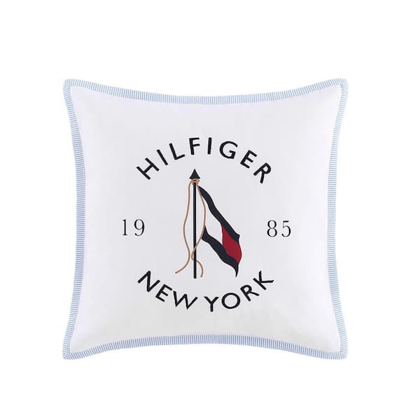 Tommy Hilfiger NY Flag Ivory/Navy/Light Blue Cotton 20 x 20 Square Throw Pillow