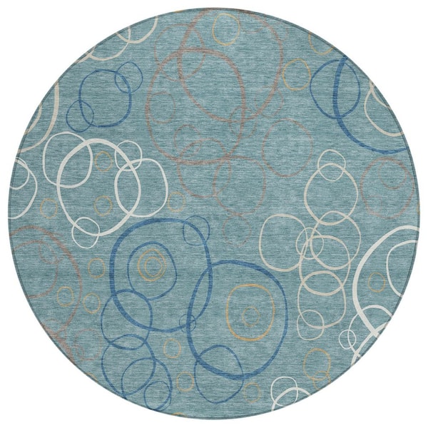 Chantille Machine Washable Indoor/Outdoor Abstract ACN2408 Teal 8 ft. x 8 ft. Round Rug