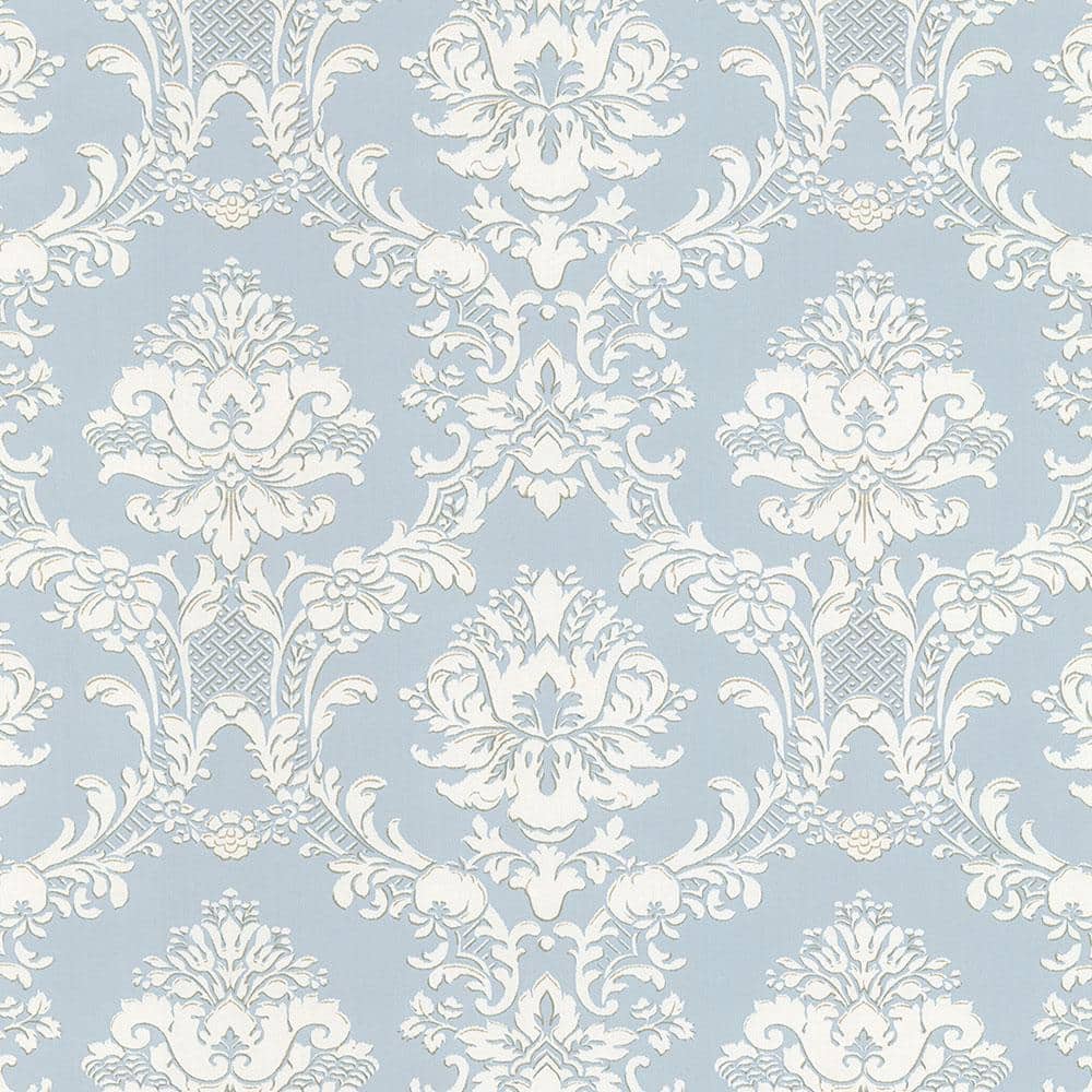 Light Blue and Pearl Damask Pre-pasted Vinyl Wallpaper