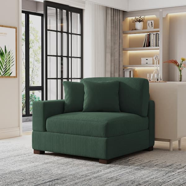Modern Left Arm Facing Hunter Green Corduroy Fabric Sectional Corner Arm Chair with 2-Pillows (Set of 1)