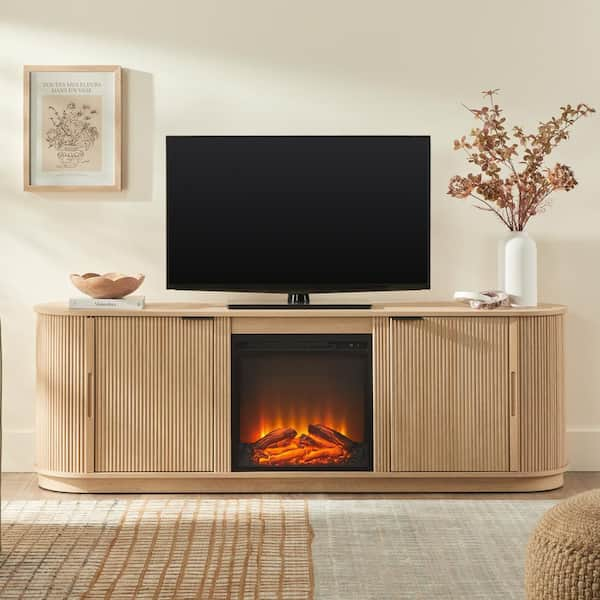 Modern 70 in. Freestanding Wooden Electric Fireplace TV Stand with Reeded Storage In Coastal Oak