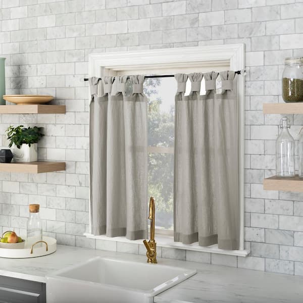 Sarro Washed Cotton Kitchen Tiers Silver Gray Cotton 52 in. W x 36 in. L Tab Top Light Filtering Curtain (Set of 2)