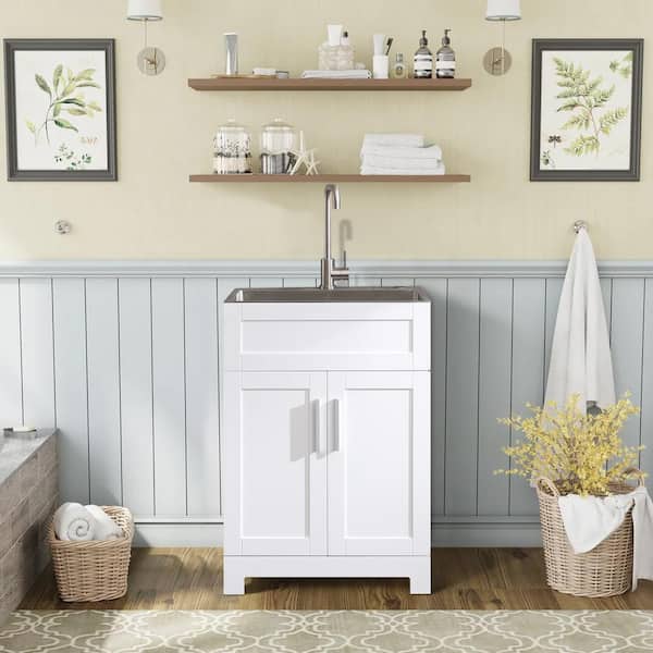 Tatayosi White Laundry Tub Cabinet with Stainless Steel Sink and Faucet