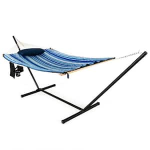 11.5 ft. Blue Fabric Cotton Double Brazilian Standing Hammock Bed with Pillow and Cup Holder