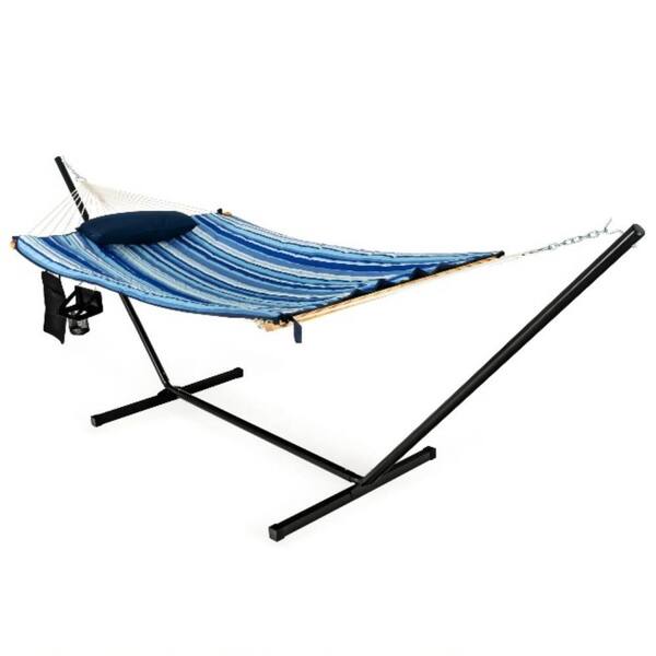 Alpulon 11.5 ft. Blue Fabric Cotton Double Brazilian Standing Hammock Bed with Pillow and Cup Holder