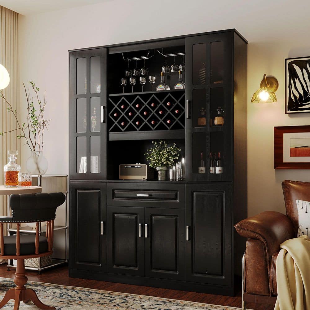 Farmhouse Black 54 in. W Kitchen or Bar Cabinet with Wine Rack, Glass Holder, Drawer and Open Shelves