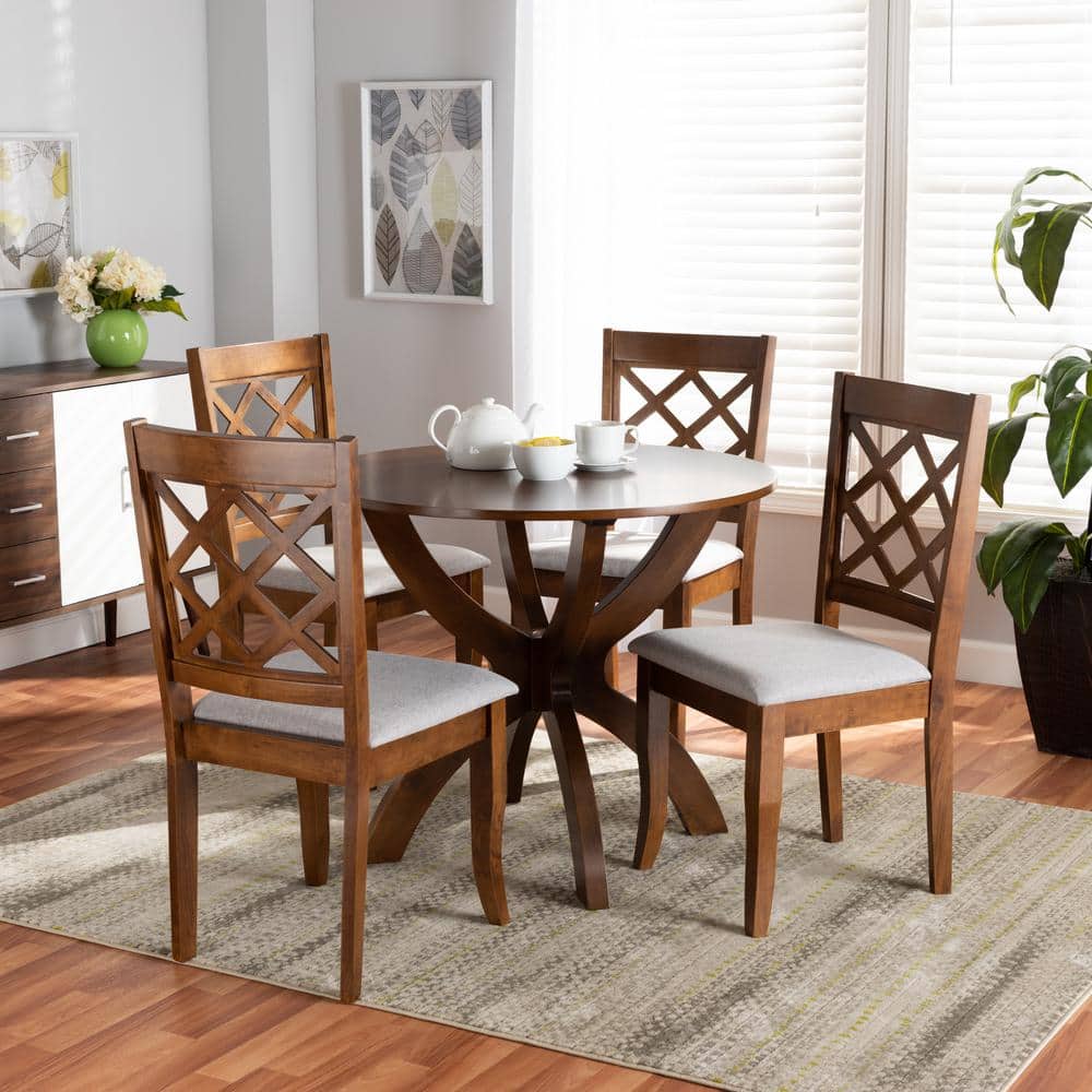 Walnut Brown and Grey Fabric 5-Piece Dining Set
