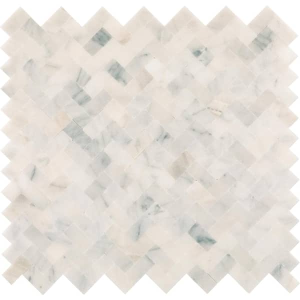 Daltile Xpress Mosaix Peel 'N Stick Frost White 12 in. x 12 in. Marble Herringbone Mosaic Tile (0.88 sq. ft./Each)