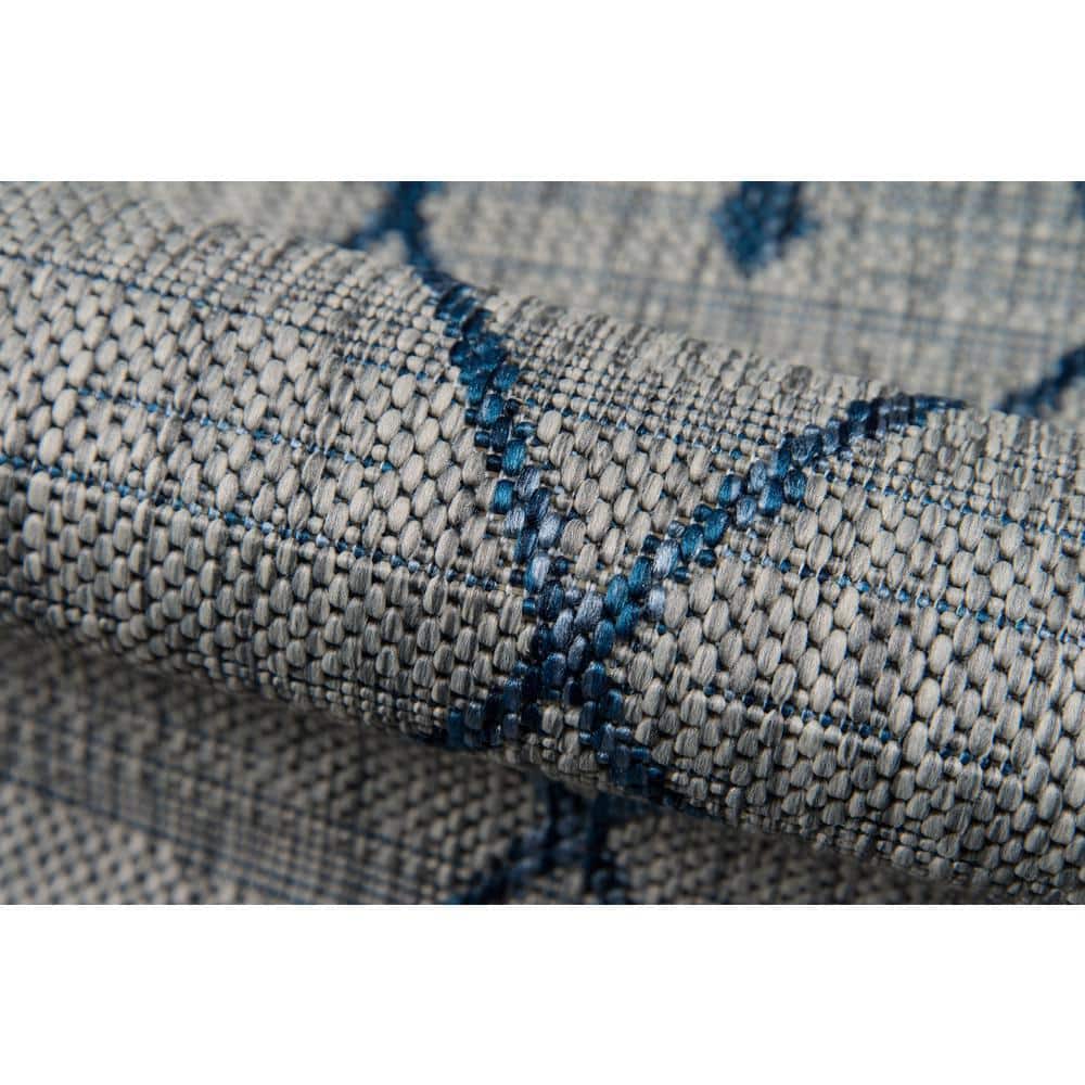 Gray and Blue Geometric Synthetic Runner Rug