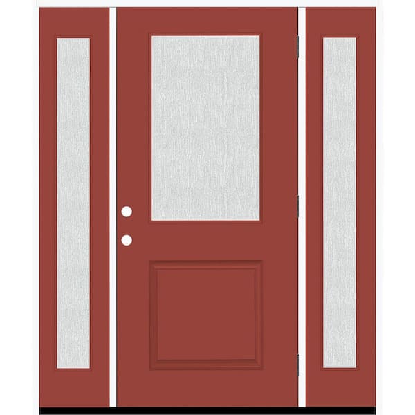 Steves & Sons Legacy 68 in. x 80 in. 1/2 Lite Rain Glass LHOS Primed Morocco Red Finish Fiberglass Prehung Front Door w/Dbl 14 in. SL