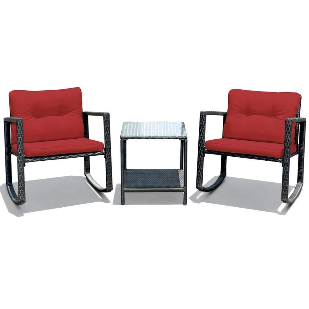 Costway Black 3-Piece Rattan Wicker Patio Conversation Set Rocking Chairs With Red Cushions QD-62861RE Sansujyuku sansujyuku.com