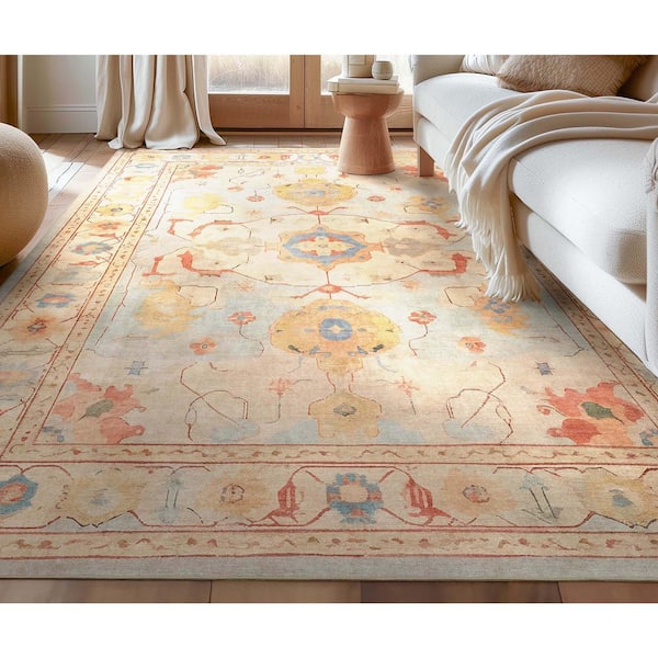 Ushak Pamukkale Vintage, Medallion, Pastel, Blue 9 ft. 10 in. x 13 ft. Area Rug