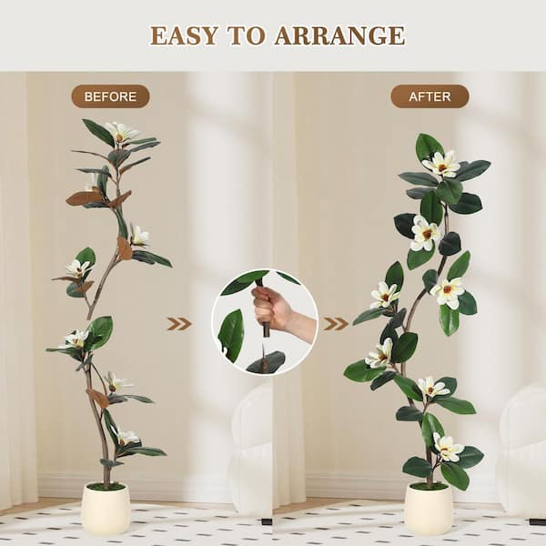 Garvee Rubber Tree 6ft Artificial Tree in White Planter Pot, Faux Plants Indoor Faux Floor Plant Artificial Plants with 7 Pcs Magnolia Flowers Perfect