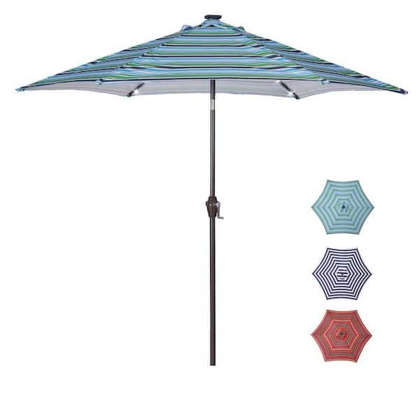 Unbranded 8.7 ft. Market Solar Patio Umbrella in Blue Stripes with 24 LED Lights, Push Button Tilt Umbrella Base is not Included