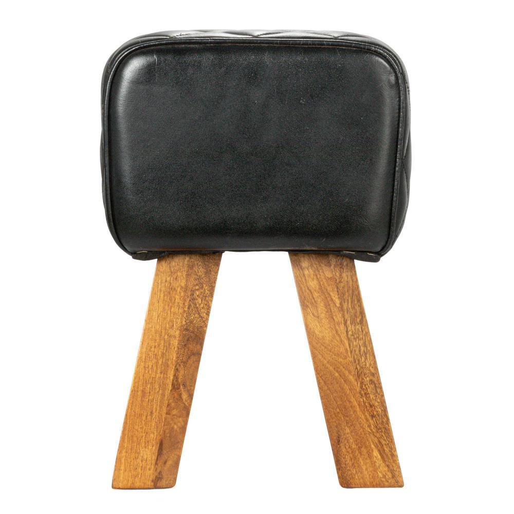 Black Stitched Genuine Leather Bench with Mango Wood Legs